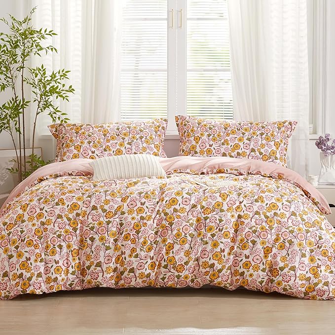 SAPHREAS Yellow Sunflower Floral Duvet Cover Set Full Size 3pcs Garden Style Bedding Comforter Cover Set 100% Cotton 1 Duvet Cover 90"x80" 2 Pillow Shams, Comforter Not Included