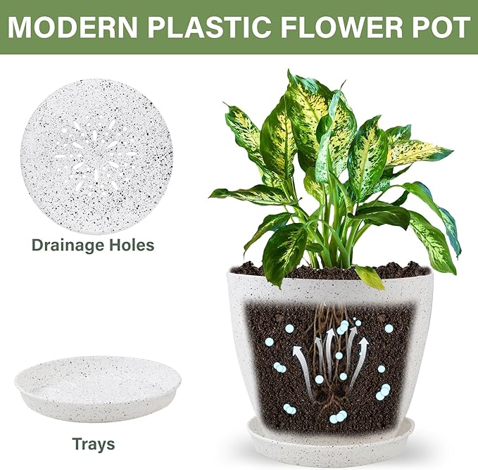 Plant Pots 8.5/7.5/6.5/6 inch, 4 Pack Pot for Indoor Plants, Modern Decorative Plastic Planters with Drainage Holes and Saucers for House Plants Indoor Outdoor Flower Plants