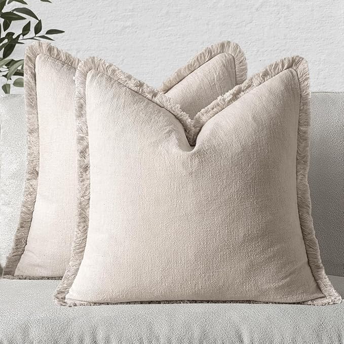 MIULEE Decorative Throw Pillow Covers Neutral Linen Fringe Throw Pillows Set of 2 Natural Beige Boho Farmhouse Cushion Covers with Tassels for Couch Sofa Bed Living Room Spring Home Decor 16x16 Inch