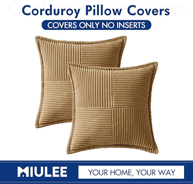 MIULEE Decorative Throw Pillow Covers for Couch Bed Livingroom 16x16 Inch Set of 2 Brown Boho Accent Throw Pllows Broadside Striped Patchwork Soft Corduroy Pillowcases