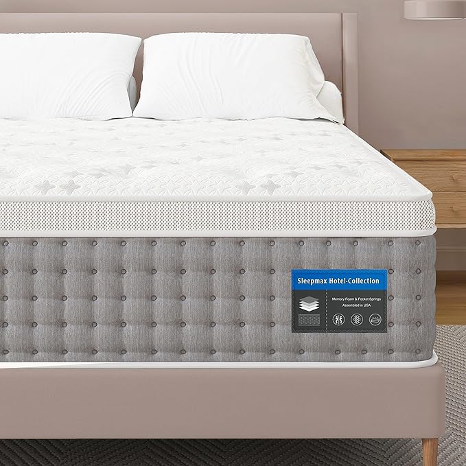 Sleepmax Plush King Mattress 12 Inch - Hotel-Collection Hybrid Mattress Pain Relief - Deep Sleep Coutouring Soft Bed in a Box - Fiberglass-Free, CertiPUR-US Certified, 365-Night Trial