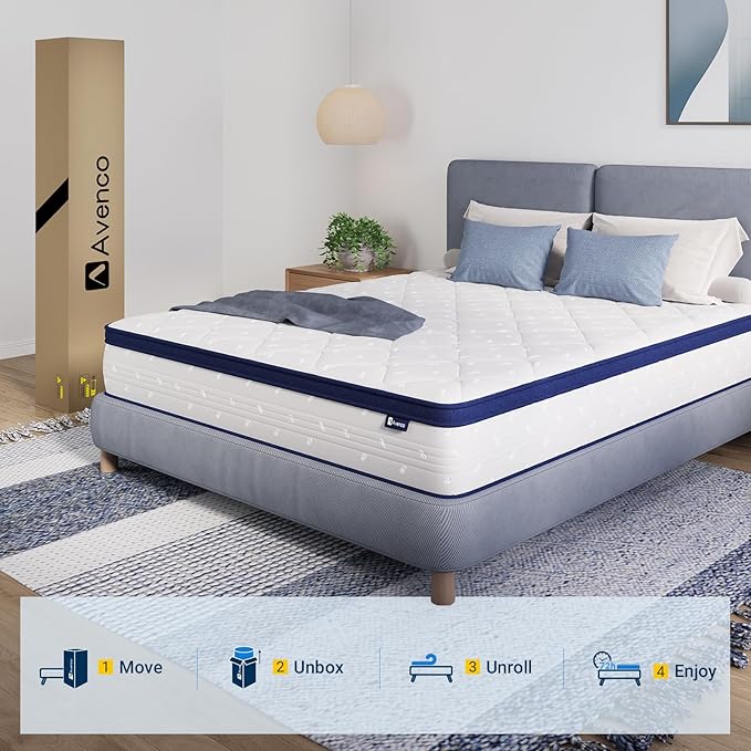 Avenco Queen Mattress, 12 Inch Queen Mattresses in a Box, Hybrid Queen Size Mattresses with Comfort Foam and Pocket Coils for Pressure Relief & Motion Isolation