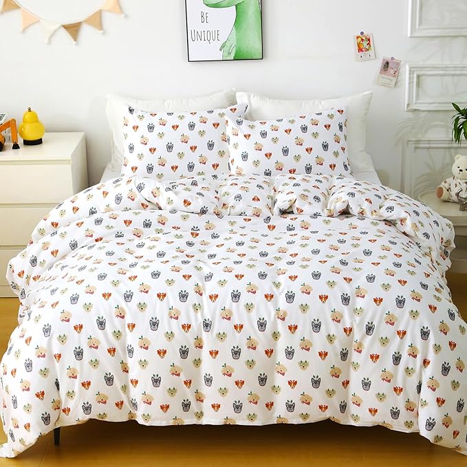 Ivellow Queen Duvet Cover Set Dog Animal White 100% Cotton Duvet Cover for Kids Cute Bedding Set 3Pcs Ultra Soft Breathable Kids Duvet Cover Patterned Cartoon Comforter Cover Boys Girls Toddler Teen
