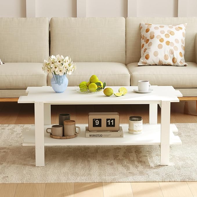 Giantex Coffee Table with Storage, 45 Inch Modern Center Table with Slatted Design & Side Rail Support, Rectangular Living Room Table for Small Spaces, White