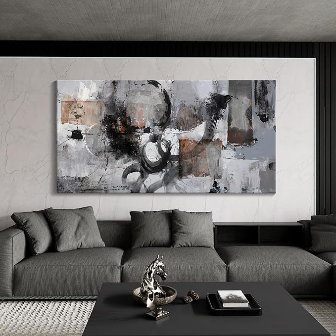Pogusmavi Large Wall Art Abstract Black And Grey Canvas Wall Art Living Room Wall Decor Paintings Decorations Modern Wall Decor for Bedrooms Framed Artwork for Walls 29×58in