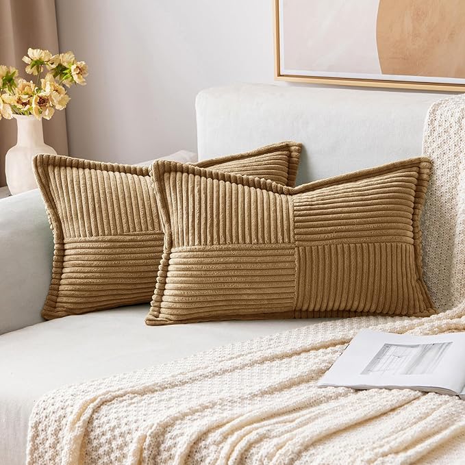 MIULEE Decorative Lumbar Throw Pillow Covers for Couch Bed Livingroom 12x20 Inch Set of 2 Brown Boho Accent Throw Pllows Broadside Striped Patchwork Soft Corduroy Pillowcases