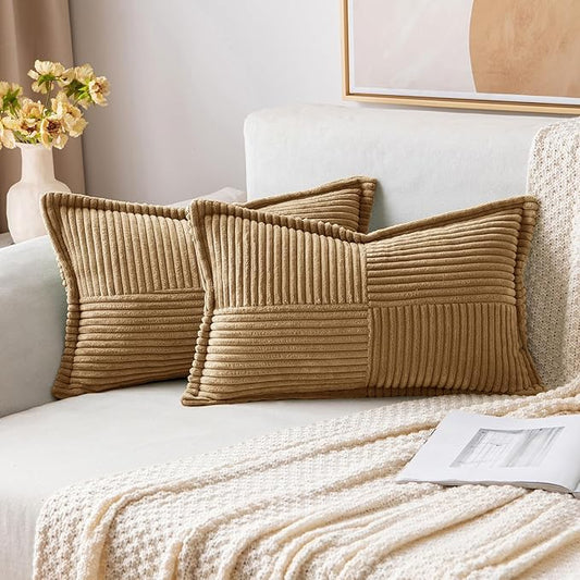 MIULEE Decorative Lumbar Throw Pillow Covers for Couch Bed Livingroom 12x20 Inch Set of 2 Brown Boho Accent Throw Pllows Broadside Striped Patchwork Soft Corduroy Pillowcases