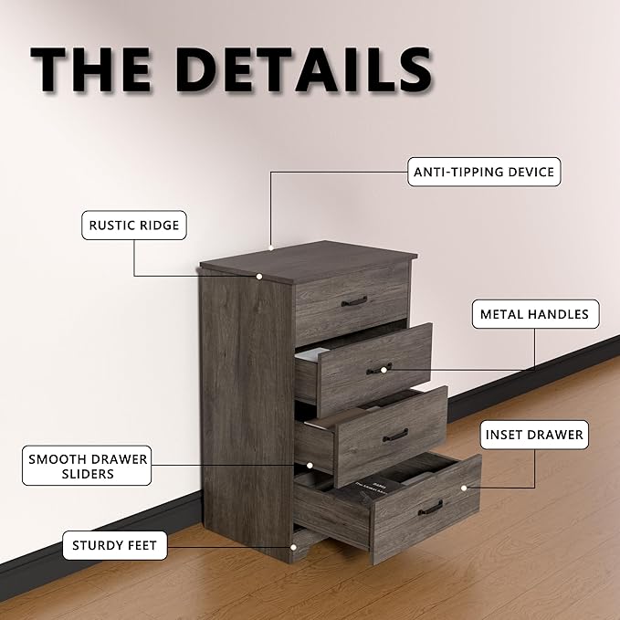 Farmhouse 4 Drawer Dresser, Small Wooden Chest of Drawers Classic White Dresser for Bedroom Living Room Entryway (Dark Gray, 4 Drawer)