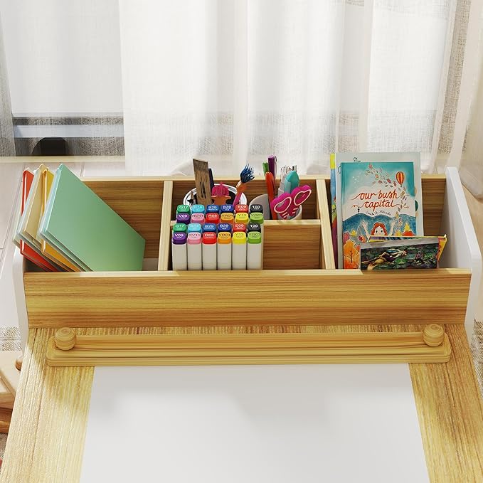Qaba Kids Art Table & Easel Chair Set with Paper Roll, Toddler Desk and Chairs Set with Storage Shelves and Drawers, Activity Craft and Play Table for Writing Drawing Aged 3-8 Years Old, Natural Wood