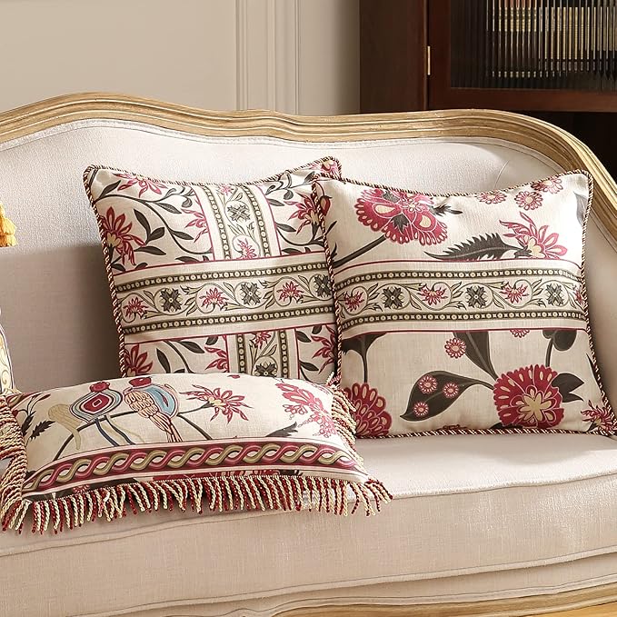 patdrea Designer Throw Pillow Cover 18"x18",Vintage Bird and Floral Pattern Linen Pillows Cover with Red and Yellow Pendant Charms,Square Decorative Pillowcases for Living Room Outdoor,Set of 2