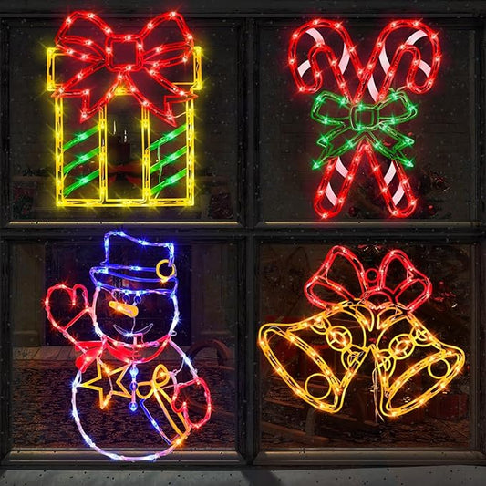 Christmas Decorations - 16" Christmas Window Silhouette Lights - 4 Pack Colour Lighted Gift Box ＆ Snowman ＆ Candy Cane ＆ Bell for Holiday Indoor and Outdoor Wall Door Window Decorate