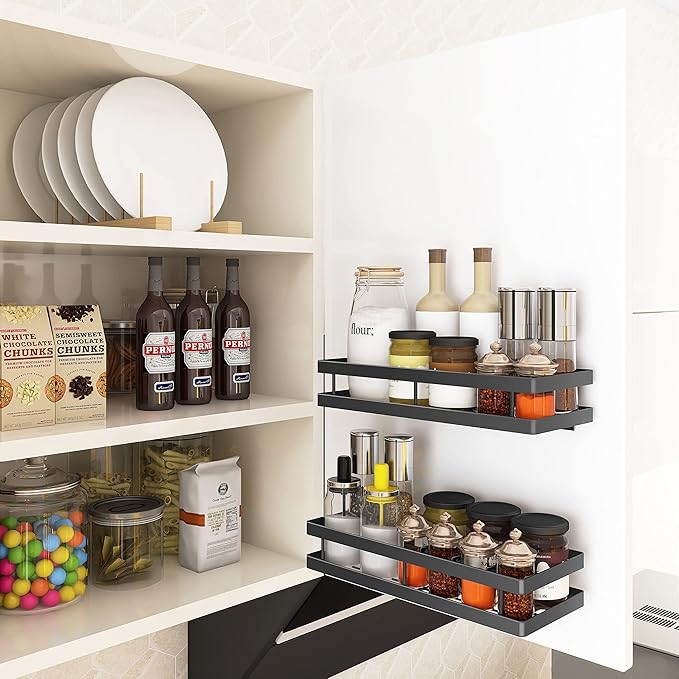 Spice Rack Organizer Wall Mount, 10" Hanging Black Spice Organizer Shelf, Farmhouse Seasoning Organizer, Space Shelves Holder for Kitchen, Flexible Bathroom Organizer (2 Pack)
