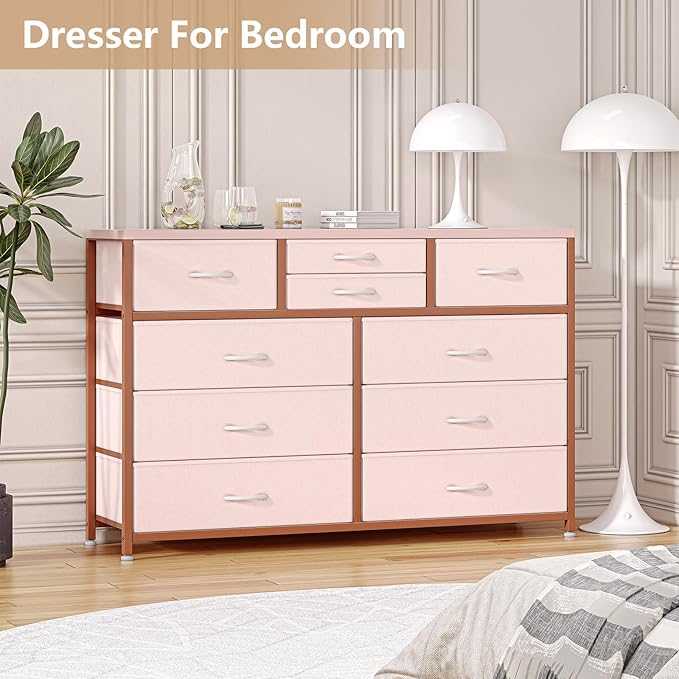 Jojoka Wide 10 Drawer Dresser,TV Stand Entertainment Center Fabric Storage Dressers Drawers for Bedroom, Hallway, Nursery, Closets, Steel Frame, Wood Top (Pink)