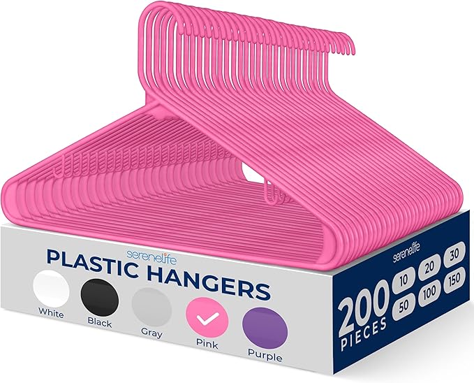 SereneLife 200 Pack Plastic Hangers, Non-Slip, Space-Saving Closet Organizers, Durable and Strong for Shirts, Sweaters, Hoodies, Kids Clothes & Dresses, Ultra-Thin, Lightweight