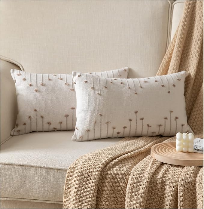 Boho Throw Pillow Covers 12x20 Set of 2 Decorative Pillows for Bed, Neutral Pillow Covers Beige with Tan Line Throw Pillows for Modern Farmhouse Couch Sofa Living Room Outdoor