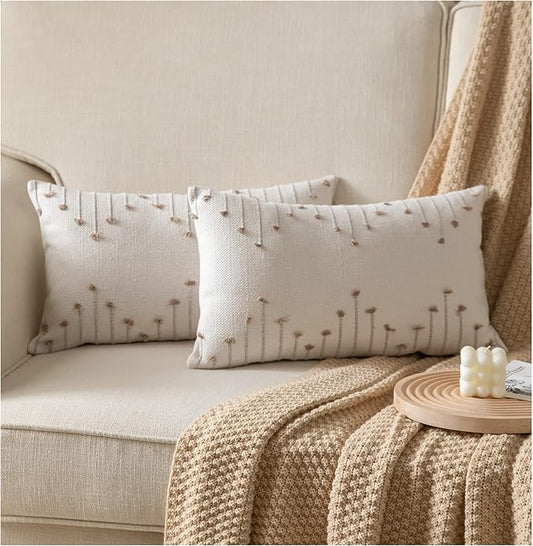 Boho Throw Pillow Covers 12x20 Set of 2 Decorative Pillows for Bed, Neutral Pillow Covers Beige with Tan Line Throw Pillows for Modern Farmhouse Couch Sofa Living Room Outdoor