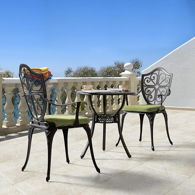 NUU GARDEN Outdoor 3 Piece Bistro Set with Cushions Round 24 Inch Cast Aluminum Table with 2.17 Inch Umbrella Hole and 2 Cast Aluminum Bistro Chairs for Patio Garden Backyard and Balcony Black