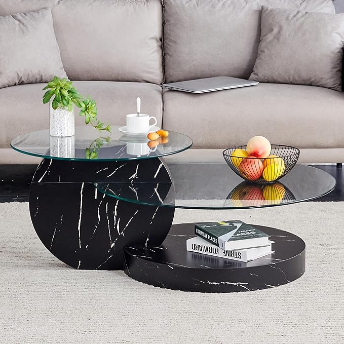 Coffee Tables for Living Room - Round Glass Coffee Table with Wooden Base Mid-Century Modern End Table 3-Tier Round Coffee Table for Living Room, Office, Balcony (42″ Black)