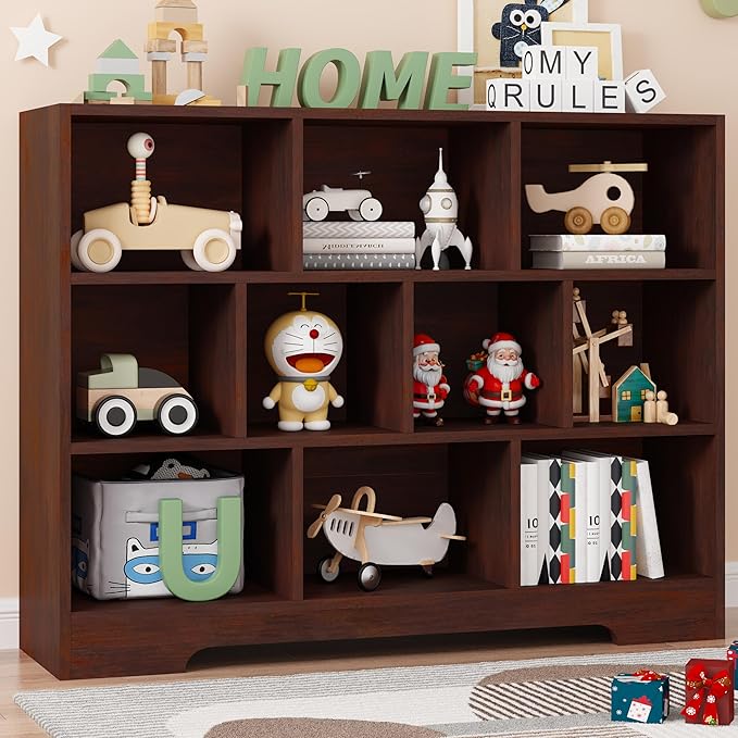 Book Shelf for Kids, 10 Cubes Storage Organizer Montessori Bookshelf, 3-Tier Wooden Kids Bookcase, Toy Storage Organizer for Children, Cherry Toddler Bookshelf Cube Shelf for Kid’s Room, Classroom