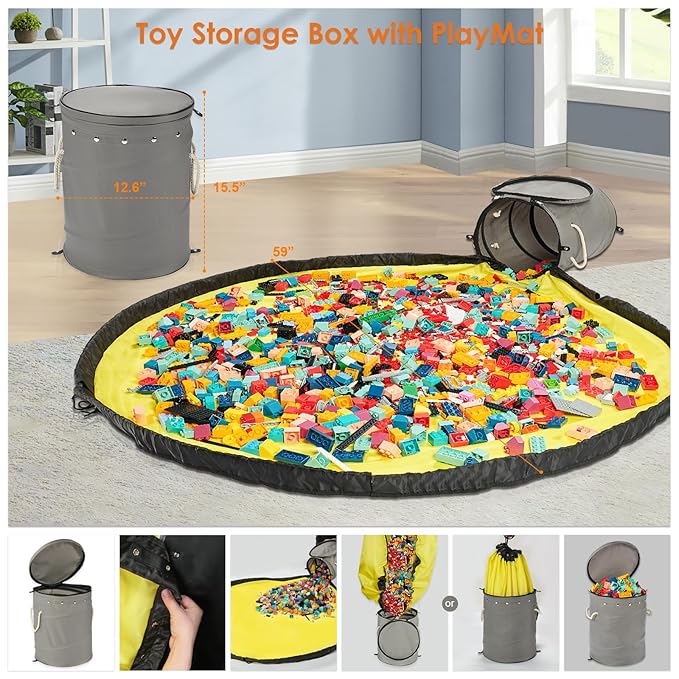 Toy Storage Basket with Slide and Large Play Mat for Boys and Girls Building Blocks Organizer, Foldable Fabric Storage Container Basket Bin Kids Toy Box with Rug for Boy Playroom Organization
