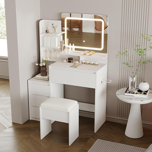 GAOMON Makeup Vanity Desk with Mirror and Lights - 36" Vanity Table Set with 4 Drawers, Power Outlet, USB Ports, Stool, Dressing Table with 3 Lighting Color Adjustable for Bedroom, Women, White