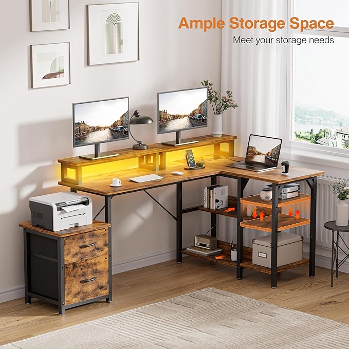 67'' L Shaped Compuer Desk with Drawers, Large Gaming Desk with File Drawer & 2 Monitor Stands, Corner Desks for Home Office, Rustic Brown