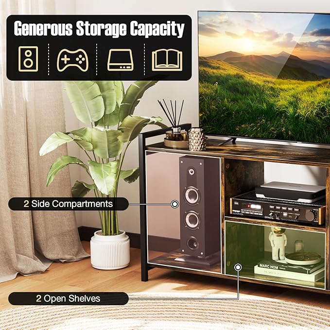 Tangkula Industrial TV Stand for 55” TVs, Entertainment Center with 4 Open Shelves, 3-Tier Media Console Table with Heavy-Duty Metal Frame & Side Guardrails for Living Room (Rustic Brown, 47" L)