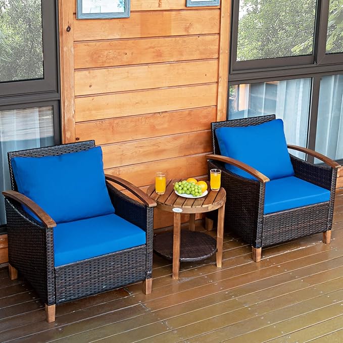 Tangkula 3 Pieces Patio Furniture Set, Outdoor Rattan Sofa and Side Table w/Solid Acacia Wood Frame, High Load Bearing Conversation Bistro Set w/Washable and Removable Cushions (Navy Blue)