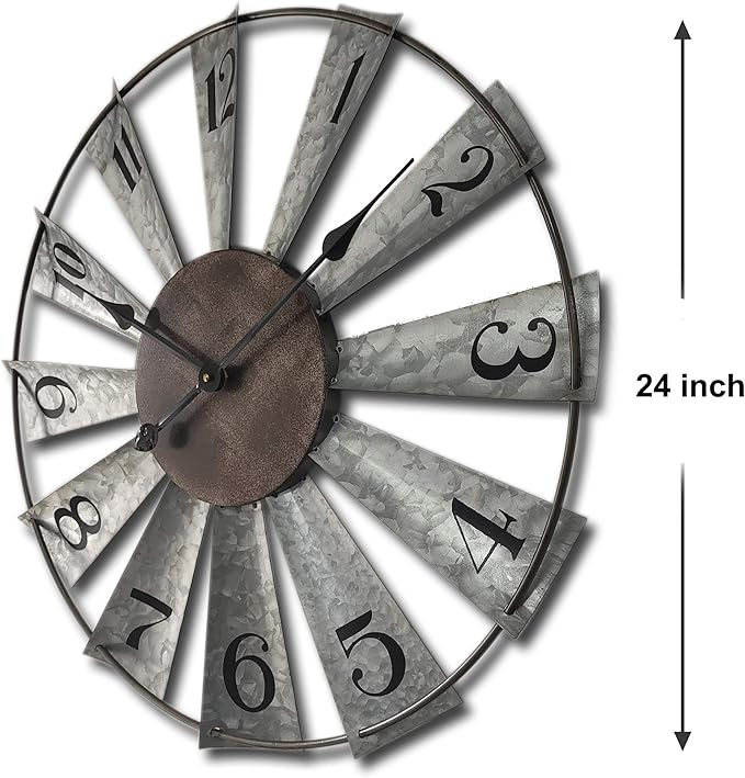 Mrocioa 24inch Windmill Distressed Metal Wall Clocks Rustic Large Decorative Clock Oversized Farmhouse Decor,Non Ticking,Battery Operated