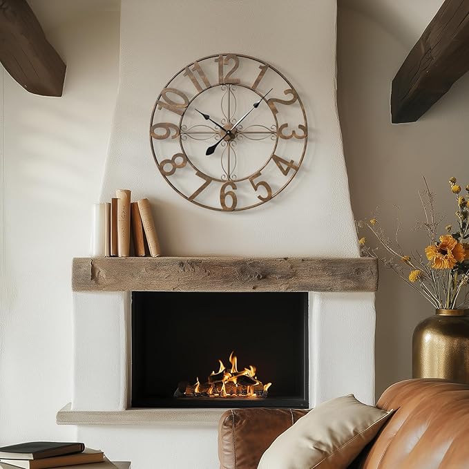 30 Inch Wall Clock, Large Decorative Wall Clock for Living Room, Silent Non-Ticking Battery Operated Metal Round Retro Rustic Arabic Numerals Analog Bronze Clock for Kitchen Mantel Office