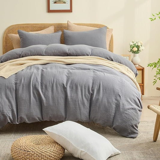 MEISHANG Muslin Duvet Cover King Size - 100% Organic Cotton, Soft Textured Gauze Weave Comforter Cover for Breathable All-Season with Zipper Closure - 3 Piece Set (King, Dark Grey)