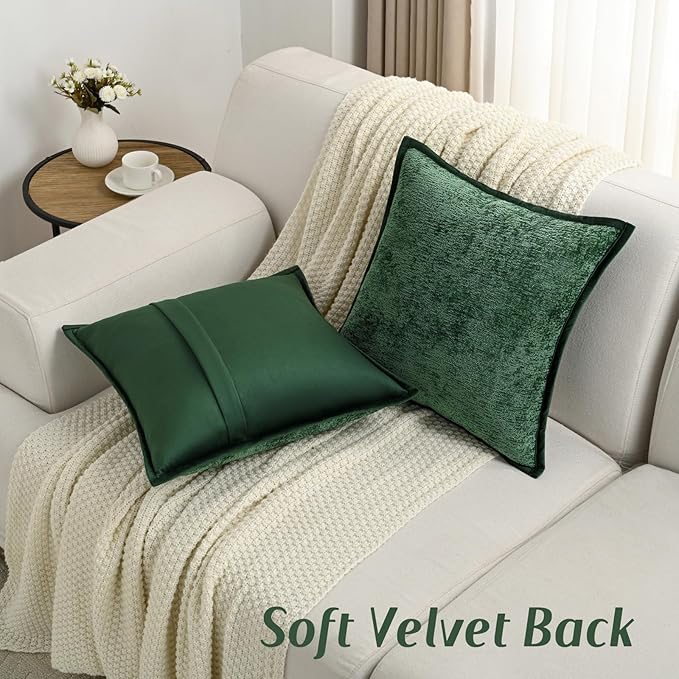 FUTEI Dark Green Chenille Throw Pillow Covers 20x20 Inch Set of 2,Soft Cozy Bound Edge Design Cushion Case,Home Decor for Couch Bed Living Room