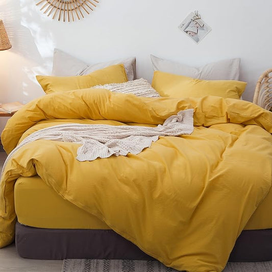 MooMee Bedding Duvet Cover Set 100% Washed Cotton Linen Like Textured Breathable Durable Soft Comfy (Solid Yellow, Full 80"x90")
