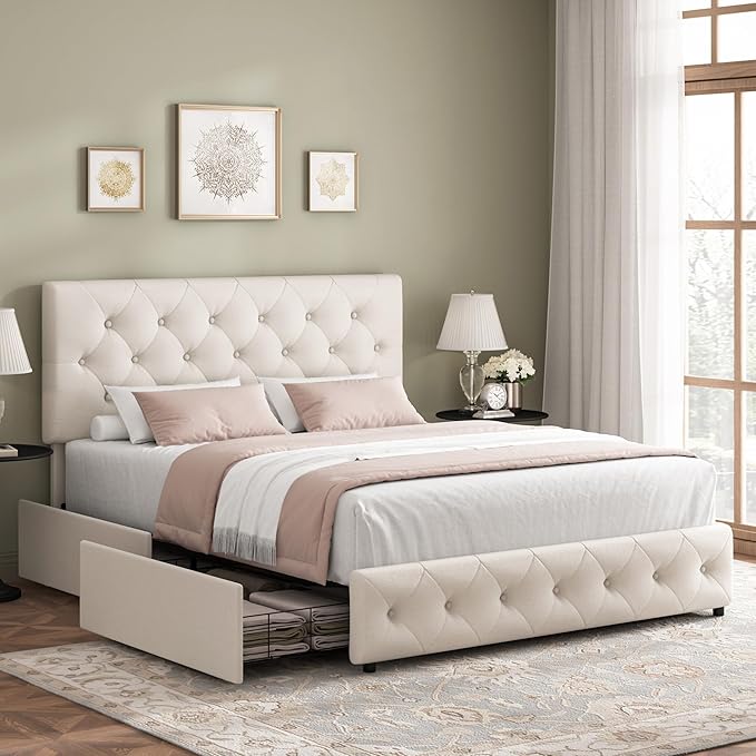 Keyluv Modern Upholstered Bed Frame with 4 Storage Drawers, Button Tufted Headboard Design, Solid Wooden Slat Support, Easy Assembly, Fabric, Beige, Queen Size
