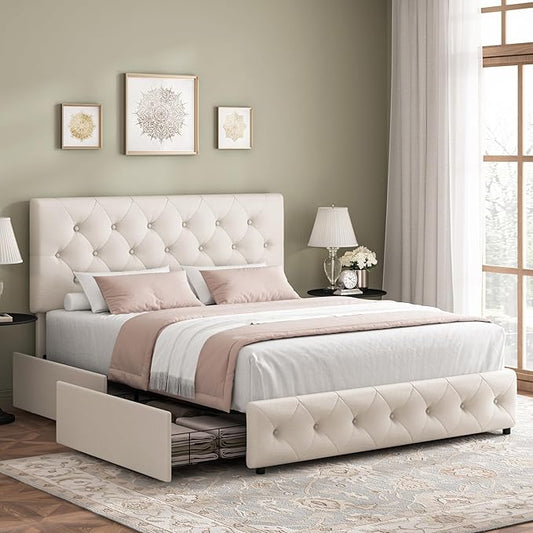 Keyluv Modern Upholstered Bed Frame with 4 Drawers, Button Tufted Headboard Design, Solid Wooden Slat Support, Easy Assembly, Fabric, Beige, Full Size