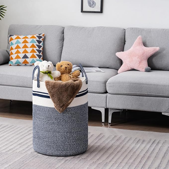 Woven Rope Laundry Hamper Basket, 72L Tall Laundry Basket, Baby Nursery Hamper for Blanket Storage in Bedroom-Large-Blue