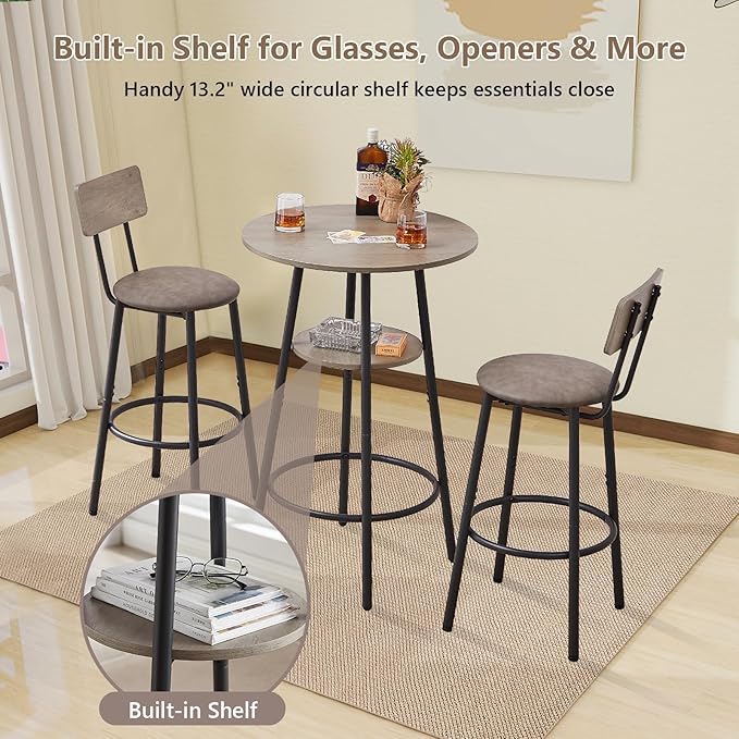 NicBex 3-Piece Bar Table and Chairs Set, Grey Pub Table and Chairs Set of 2 with Storage Shelf, Bistro Table with Stools for Small Spaces