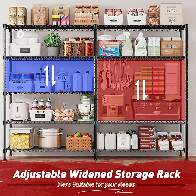REIBII1450LBS Metal Shelving Unit Storage Shelves 5 Tier Wire Shelving 58.1''W Pantry Shelves Wire Shelf Adjustable Garage Shelving Heavy Duty Storage Rack for Pantry Kitchen Garage, Black