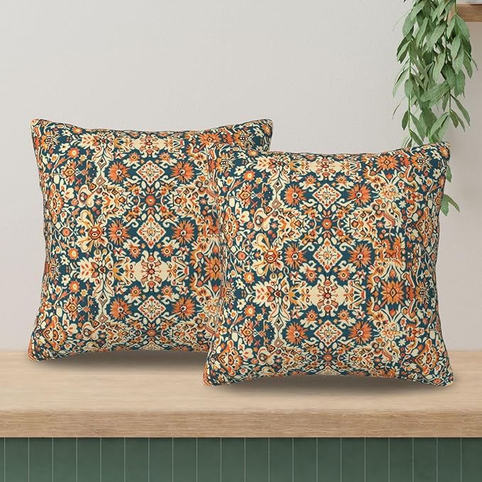Navy Blue Orange Carpet Pattern Pillow Covers 20x20 Inch Set of 2, Boho Ethnic Style Fall Outdoor Decorative Throw Pillows Vintage Cushion Covers for Sofa Bed Couch Living Room Decor