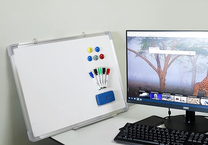 Whiteboard Set - Dry Erase Board 24 x 18 in with 1 Magnetic Dry Eraser, 4 Drywipe Markers and 4 Magnets - Small White Hanging Message Scoreboard for Home Office School (24x18 in)