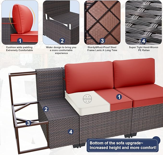 Kurapika 7 Pieces Patio Furniture Set, Rattan Wicker Outdoor Conversation Sets w/4 Inch Cushion and Glass Coffee Table(Red)