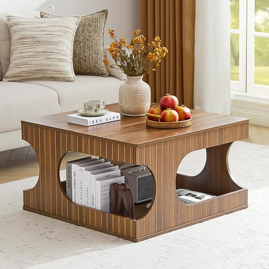 31.5" Square Coffee Table with Storage, Mid-Century Modern Center Table with Arched Cutouts and Carved Lines, 2-Tier Tea Table for Living Room, Cat-Friendly Base (Walnut)