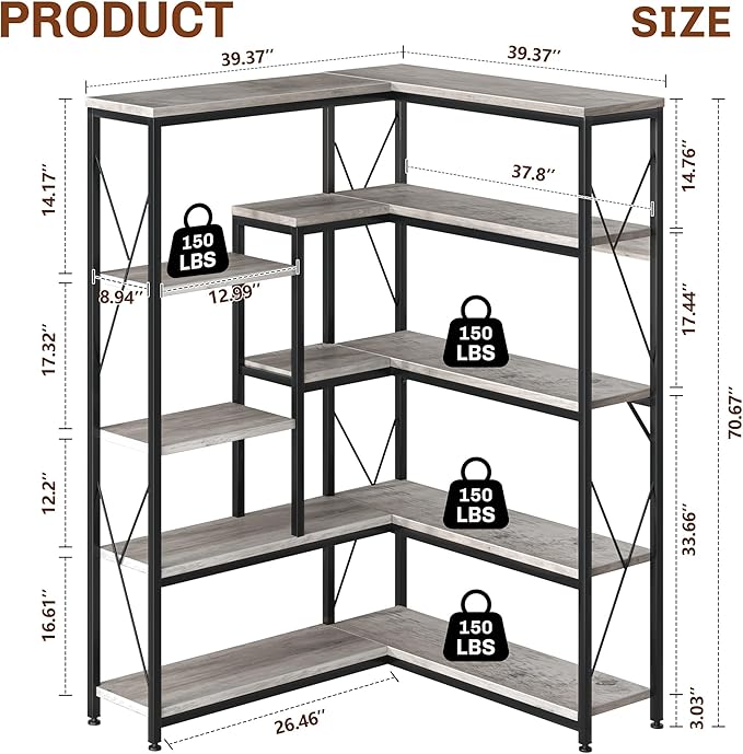 JAMFLY 5-Tier Corner Bookshelf, Industrial Corner Bookcase, Book Shelves with Metal Frame, Large Open Display Bookshelves, L-Shaped Shelf for Living Room, Bedroom, Home Office, Grey
