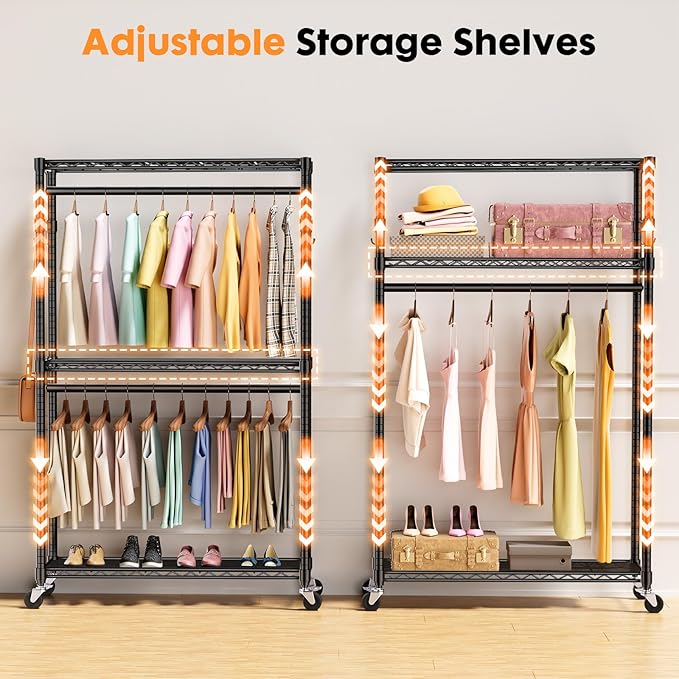 Sweetcrispy Rolling Clothes Rack, Heavy Duty Garment Racks 3 Tiers Portable Adjustable Wire Shelves with Wheels, Hanging Rods, Hooks Freestanding Clothing Wardrobe Closet (17.7"L x 47.2"W x 80.3"H)