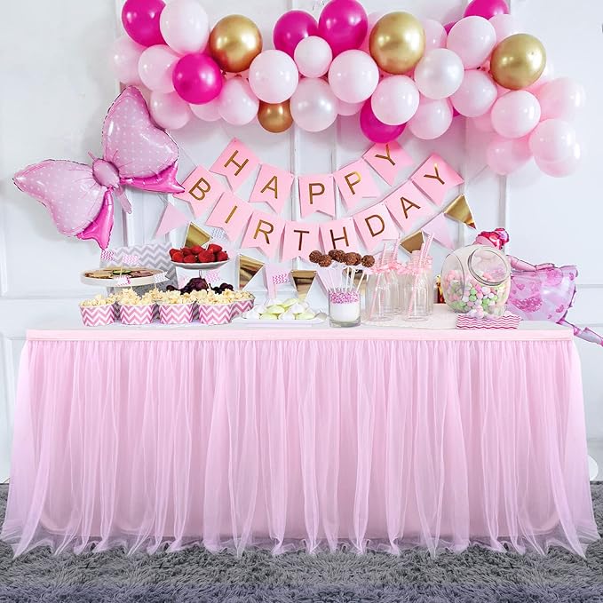 Suppromo 2 Pack 6ft Pink Tulle Table Skirts for Rectangle Tables or Round Tables Pink Tutu Tablecloth Cover for Princess Baby Shower Girls Birthday Party Wedding Cake Dessert Table Decorations