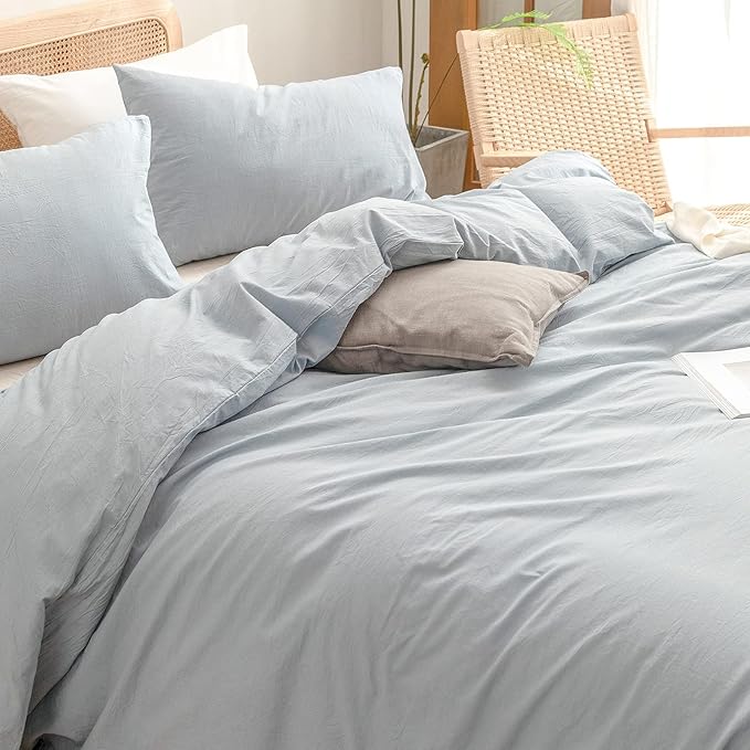 BESTOUCH Duvet Cover Set 100% Washed Cotton Linen Feel Super Soft Comfortable Chic Lightweight 3 PCs Home Bedding Set Solid Cornflower Blue Oversized Queen