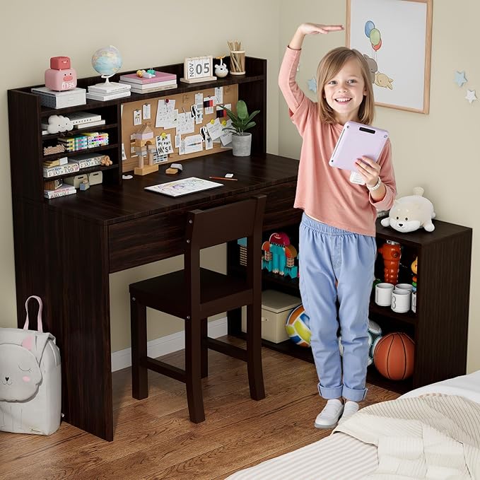 Wooden Kids Desk and Chair Set, 2 Drawers and Remove Storage 4 Cabinets, Children Study Desk with Hutch and Shelves, Boys & Girls Study Desks for Kids Bedroom (Espresso)-7Cp1CF