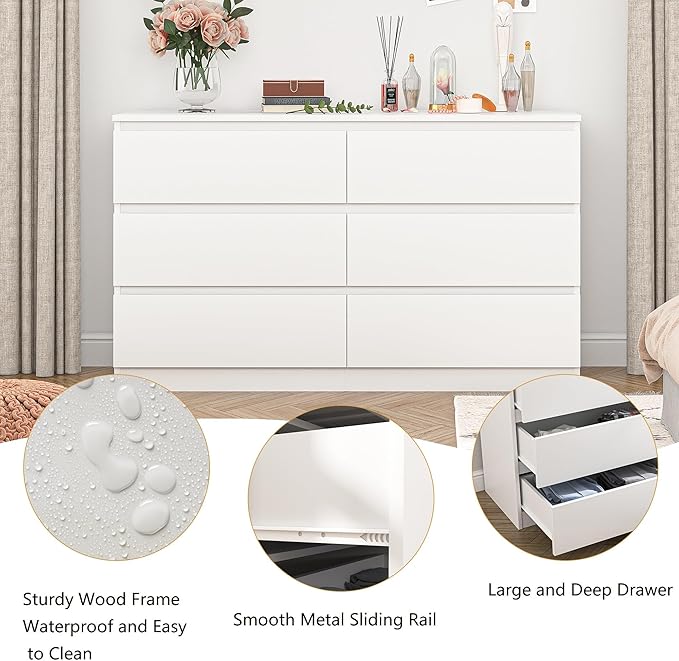 White Dresser for Bedroom,Modern Large 6 Drawer Dresser with Deep Drawer,Wide Storage Chest of Drawers,Wood Bedroom Storage Organizer Furniture for Closet