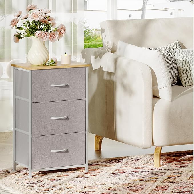 Somdot Small Dresser for Bedroom with 3 Drawers, Nightstand Storage Chest of Drawers with Removable Fabric Bins for Closet Bedside Living Room Laundry Entryway Hallway, Ash Grey