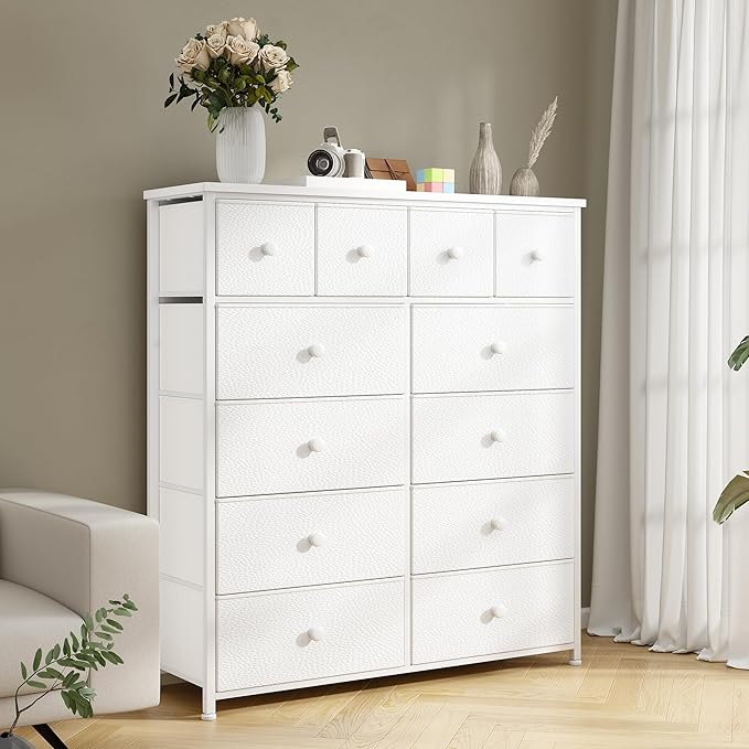 Dresser for Bedroom with 12 Drawers Tall Dressers for Bedroom Fabric Dressers & Chest of Drawers with Sturdy Metal Frame, Wood Top, for Woman, Closet, 40.6" W x 11.8" D x 44.5" H (White)